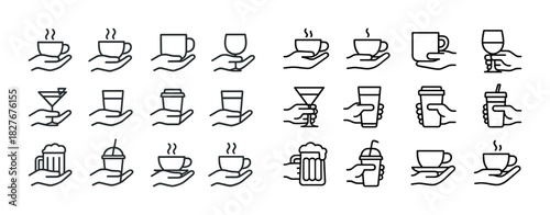 Hand-drawn icons of various cups and glasses in line art style