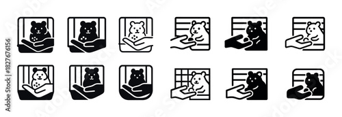 Icon set of hamsters in hands and cages: care and interaction symbols