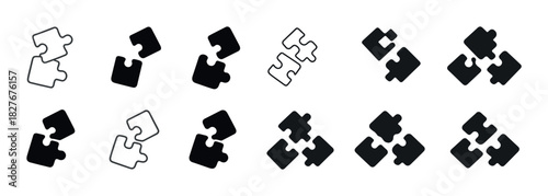 Set of puzzle piece icons in various styles and orientations