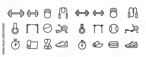 Set of gym and fitness equipment icons including dumbbells kettlebell jump rope stopwatch and more