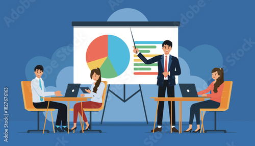 Corporate team in a business meeting presentation analyzing data charts for strategic planning