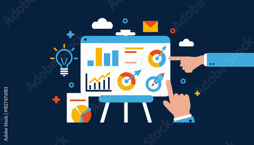 Business data analysis presentation with charts and graphs for marketing strategy