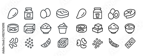 Assorted protein food icons: meat, fish, dairy, beans, tofu, eggs