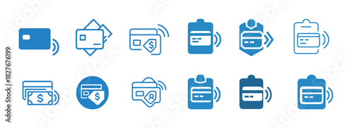 Contactless payment icons: card, mobile wallet, money security, digital transactions