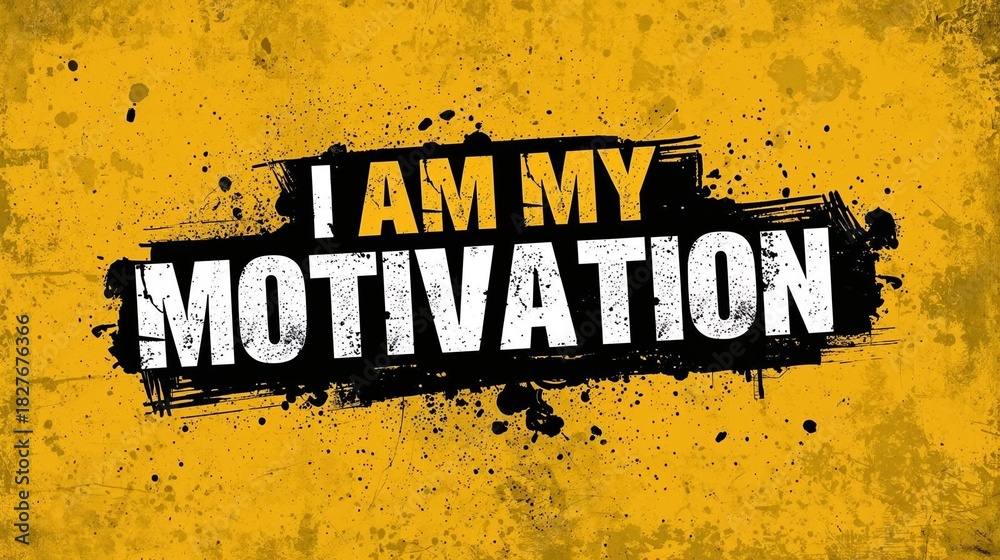 Fototapeta premium Inspirational quote text i am my motivation in bold white and black distressed typography on a grunge yellow background, perfect for fitness and selfimprovement themes