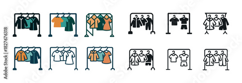 Collection of clothing rack icons with shirts and jackets