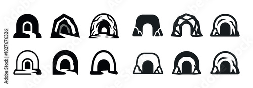 Diverse igloo icons collection: arctic shelter variations in black and white