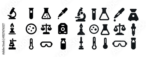 Diverse set of laboratory equipment icons in black and white for scientific research