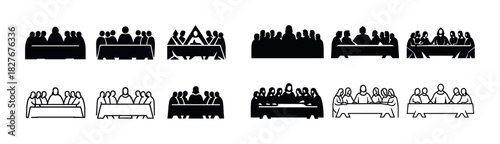 Silhouette and outline icons of business meetings and collaborations