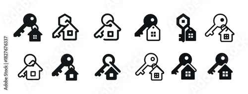 Set of key and house icons representing real estate and home security