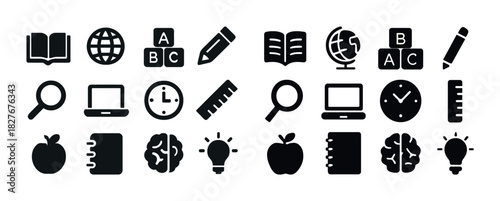 Education and learning icons: books, globe, abc blocks, pencil, computer, clock, ruler