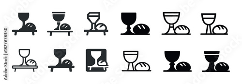 Wine and bread icon set: communion symbols in various styles