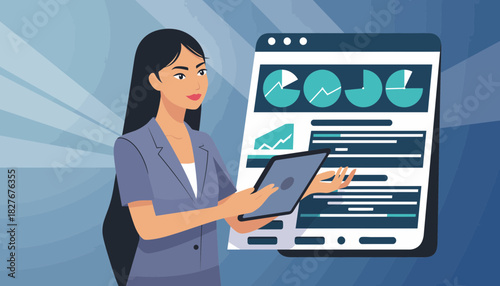 Professional business presentation with a woman explaining data analytics and strategic insights on a digital screen and tablet