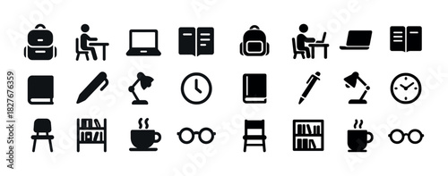 Education and office equipment icons: backpack, laptop, desk, books, pen, clock, lamp, chair, coffee, glasses