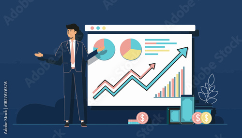 A businessman delivering a successful business presentation with data charts and graphs showing financial growth