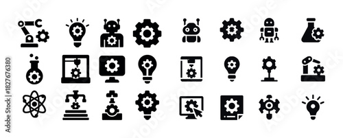Black icons of robotics, gears, and technology devices