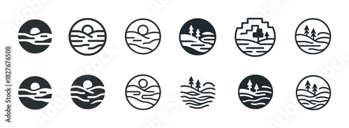 Nature landscape icons: minimalist sunset and trees collection