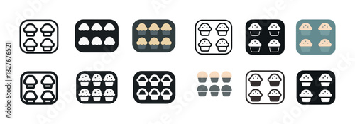 Assorted muffin tray icons in various monochrome and color styles
