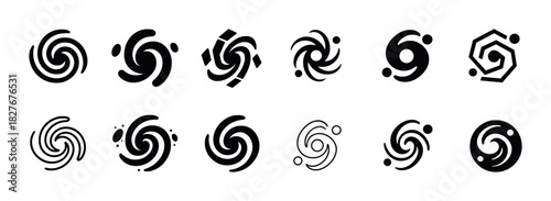Abstract spiral icon set: creative black geometric designs and patterns