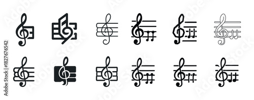 Set of musical treble clef icons in various modern designs