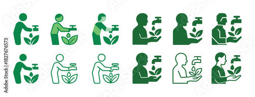Eco-friendly icons: water conservation and plant care symbols in green