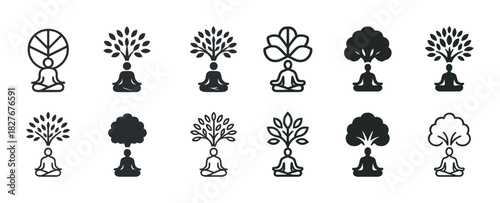 Set of meditation icons featuring trees and sitting figures