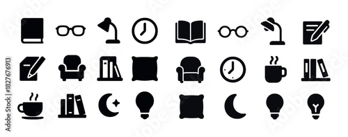 Collection of black reading and study icons including books and lamps