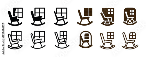 Rocking chair and window icon set in various styles