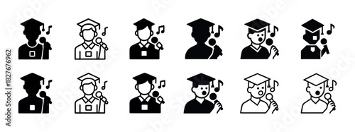 Black and white icons of graduates singing in caps and gowns