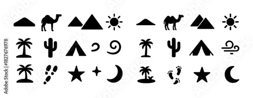 Desert silhouettes: camel, pyramid, sun, cactus, palm, tent, moon, wind icons