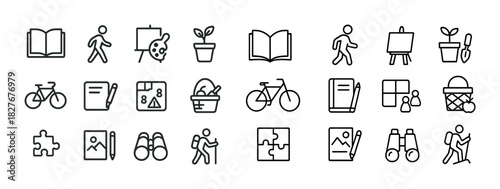 Set of 24 black and white outline icons for education, travel, and hobbies