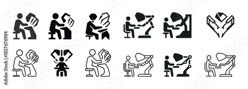 Collection of robotic arm icons in various styles and actions