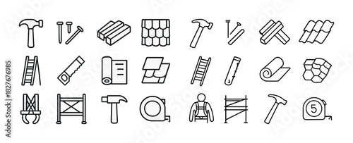 Construction tools and materials icons: hammer, ladder, roofing, scaffolding, measuring tape