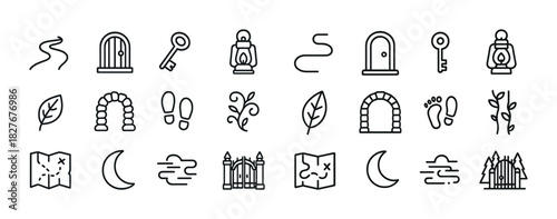 Set of adventure icons: door, key, map, lantern, footprints, leaf, nature elements