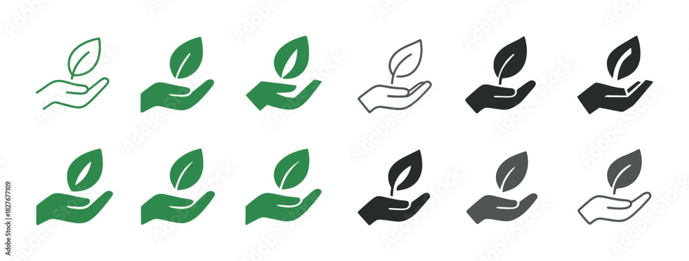 Fototapeta premium Green and monochrome hand holding leaf icons in various styles