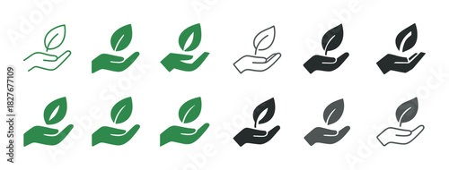 Green and monochrome hand holding leaf icons in various styles