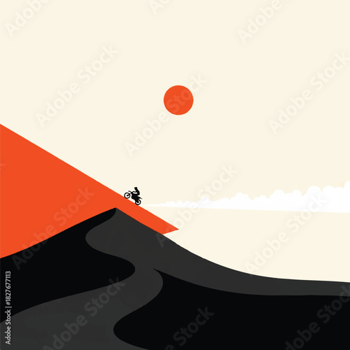 A solitary rider on a motorcycle crests a stark sand dune in a minimalist desert scene, representing adventure, exploration, and freedom