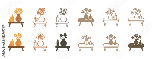 Minimalist flower vase icons in various neutral shades with candles and small tables