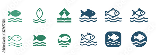 Collection of fish icons in green and blue variations