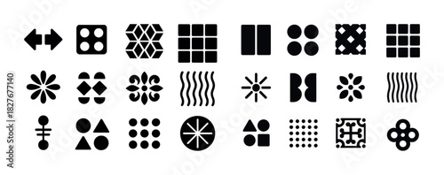 Collection of 25 geometric icon designs in black on white background