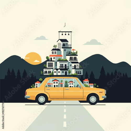 A vibrant illustration of a vintage yellow car carrying a small village on its roof, set against a scenic mountain backdrop