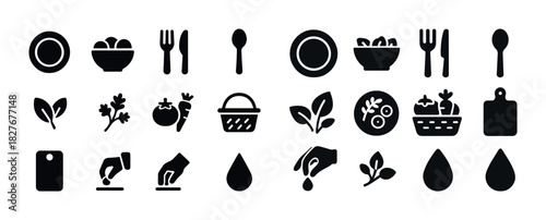Black food icons: cutlery, vegetables, plates, spoons, bowls, chopping boards