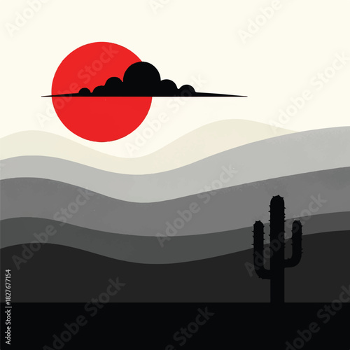 Vast Desert Landscape Under a Crimson Sun with a Solitary Cactus Silhouette