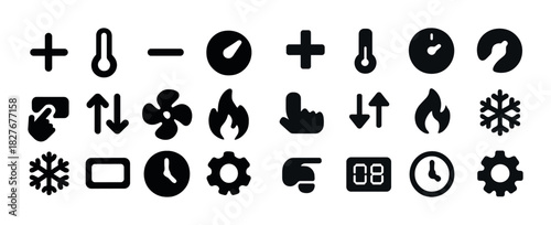 Thermostat icons: temperature, fan, flame, gear, clock, snowflake symbols