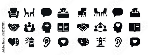 Set of communication and mental health icons: speech bubbles, books, heart, brain, ears, handshake, lighthouse