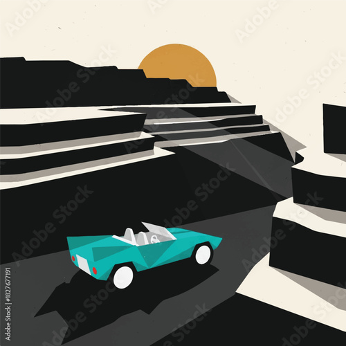 Retro Car Journey Through the Canyon A Stylish Graphic Illustration of Adventure and Escape