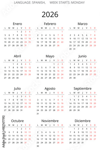 2026 spanish simple annual calendar. png illustration Spain