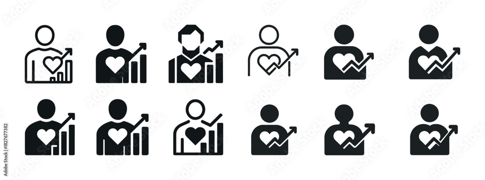 Fototapeta premium Set of black heart and graph icons illustrating health and fitness progress
