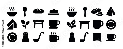 Silhouette kitchen icons collection: cutlery, cups, plates, and plants