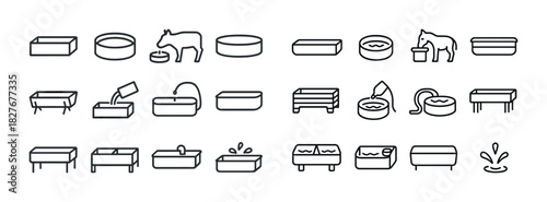 Minimalist livestock water trough icons set with animals and water basins